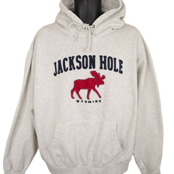 Jackson Hole Sweatshirt Hoodie Mens Size Large Gray Wyoming Moose Destination - Picture 2 of 7